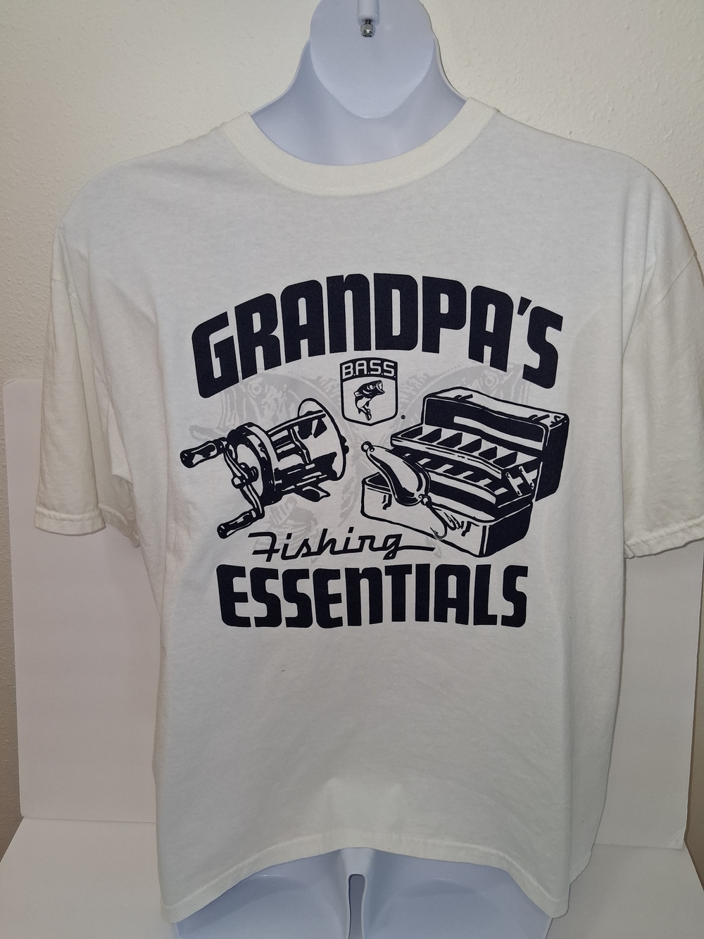 Bass White Short Sleeve Tee with Navy Fishing Graphic